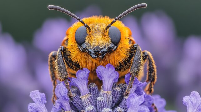 Close-up bee on lavender flower, blurred background