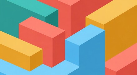 Obraz premium Abstract Isometric Blocks Interlocking Teal Coral and Gold 3D Shapes.