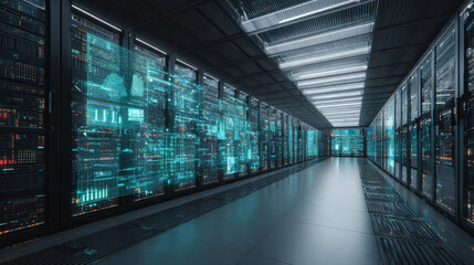 Next-gen high-tech data center with glowing cables and dynamic holographic interfaces, visualizing real-time analytics and the movement of big data streams.