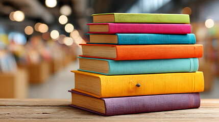 A colorful stack of books on a wooden table in a modern library, offering a vibrant and organized look at reading materials.
