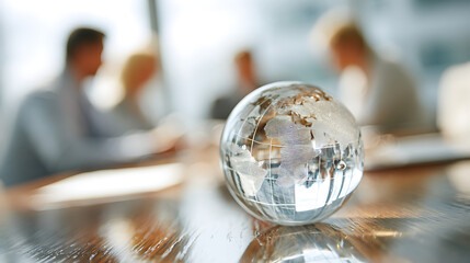 Crystal globe on a reflective office meeting table with blurred silhouettes of businesspeople in the background.
