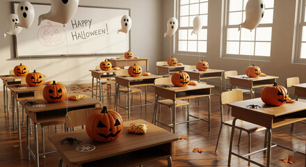 Classroom decorated with pumpkins and ghost balloons, festive Halloween school concept