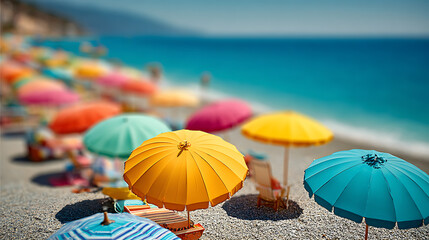 Sunny beach view with blurred colors and umbrellas for relaxation