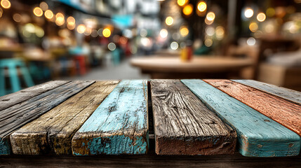 Rustic wooden table with blurred colorful background in a cozy cafe setting