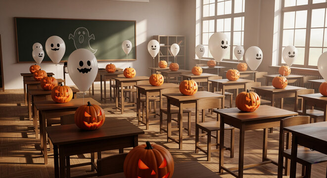 Classroom decorated with pumpkins and ghost balloons, festive Halloween school concept