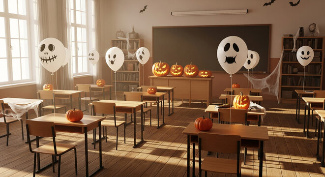 Classroom decorated with pumpkins and ghost balloons, festive Halloween school concept
