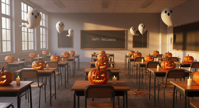 Classroom decorated with pumpkins and ghost balloons, festive Halloween school concept