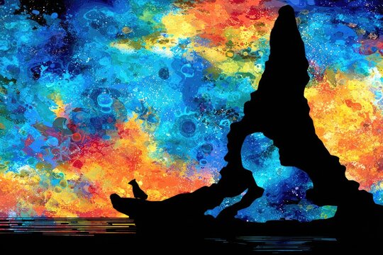 Silhouette of a rock formation at sunset, vibrant colors