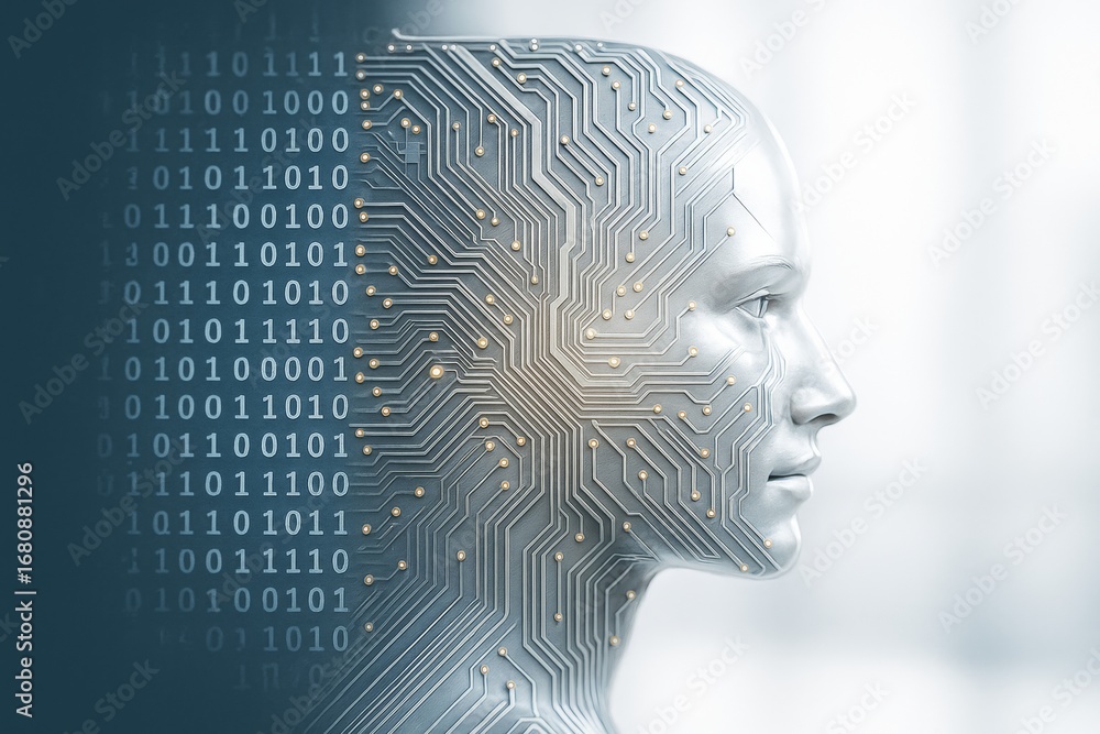 Poster futuristic human head integrated with digital circuit board and binary code on light tech background