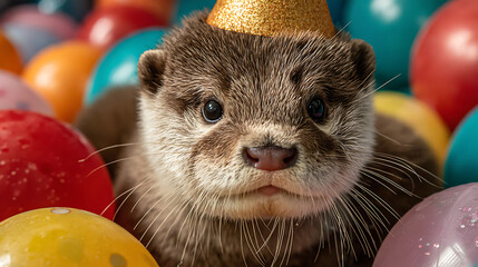 An otter wears a party hat, surrounded by vibrant balloons, radiating joy and festivity in a playful environment