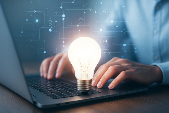 Glowing light bulb on laptop keyboard with person typing and abstract digital network background representing creative technology innovation.