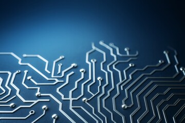 Abstract metallic circuit board layout on blue background showing futuristic electronic connections and digital light technology concept design.