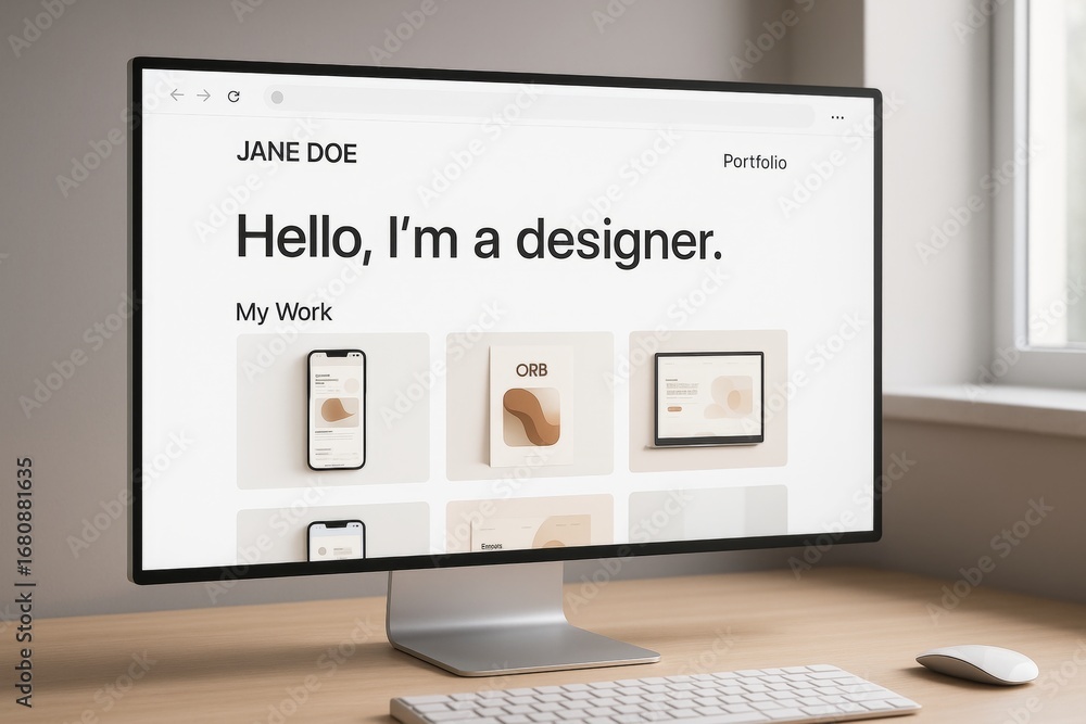 Poster computer screen mockup displaying minimalist designer portfolio website with product previews in cle