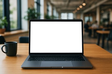 Laptop with blank white screen on wooden desk in modern cafe interior, ideal for design mockup or branding presentation use in creative projects. Ai generative