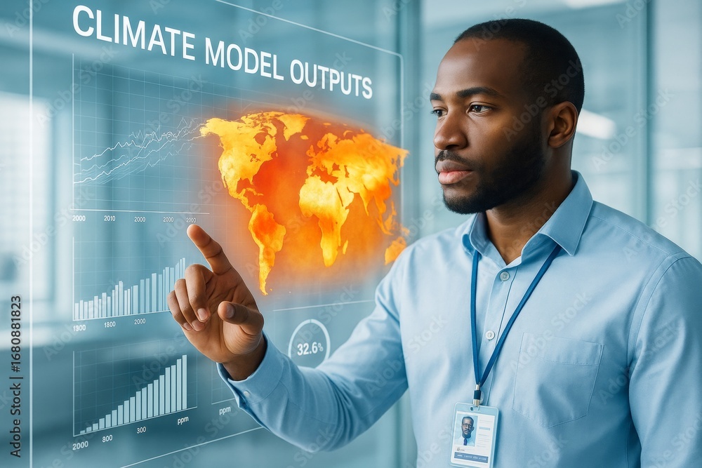 Poster scientist analyzes climate model outputs on interactive digital screen with glowing world map and da