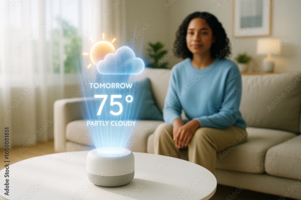 Aufkleber holographic weather forecast display from smart device with woman in background sitting on sofa in c