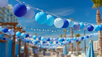 Vibrant outdoor celebration with blue balloons and string lights