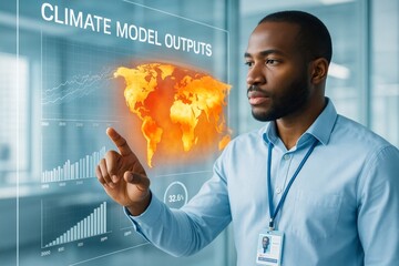 Scientist analyzes climate model outputs on interactive digital screen with glowing world map and data charts in modern tech environment. Ai generative