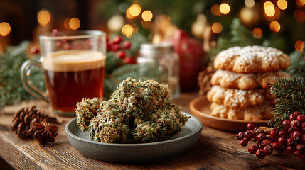 Holiday celebration with cannabis and festive decorations on a wooden table