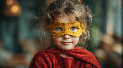 Young girl dressed as a superhero posing confidently in a cozy indoor space