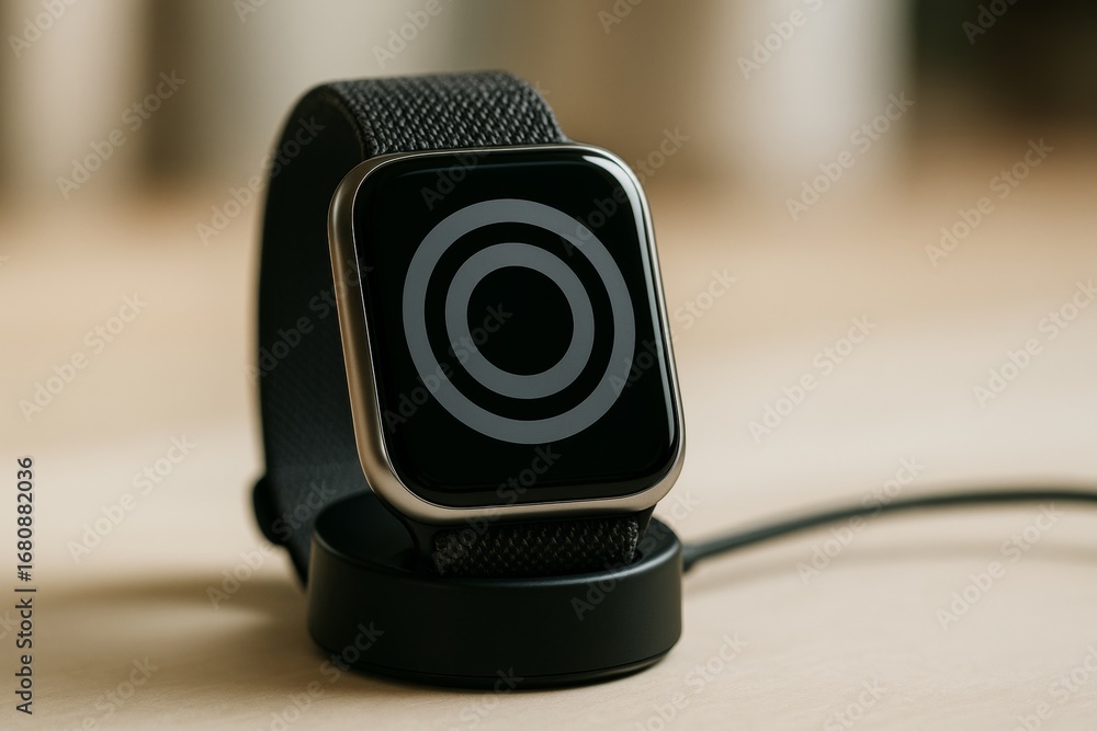 Poster smartwatch with black strap placed on charging dock displaying minimalistic circular interface on sc