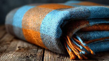 Cozy blue and orange checkered blanket draped over wooden surface