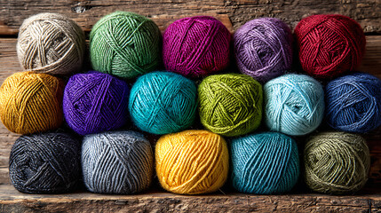 Colorful yarn balls arranged neatly on wooden surface for crafting projects