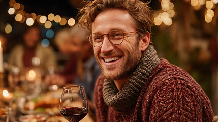 Young man smiles warmly in a cozy setting during an evening gathering