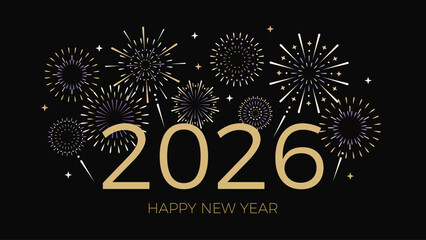 Greeting card Happy New Year 2026 with fireworks design. Fireworks colorful elements set with numbers on a black background. Simple flat linear concept. Vector illustration. 