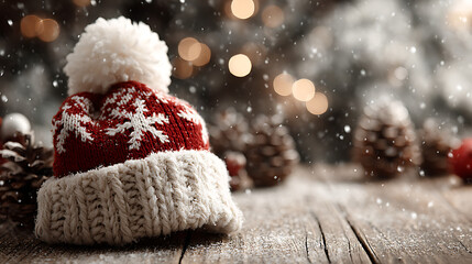 Snowy holiday setting features festive Santa hat with winter decorations
