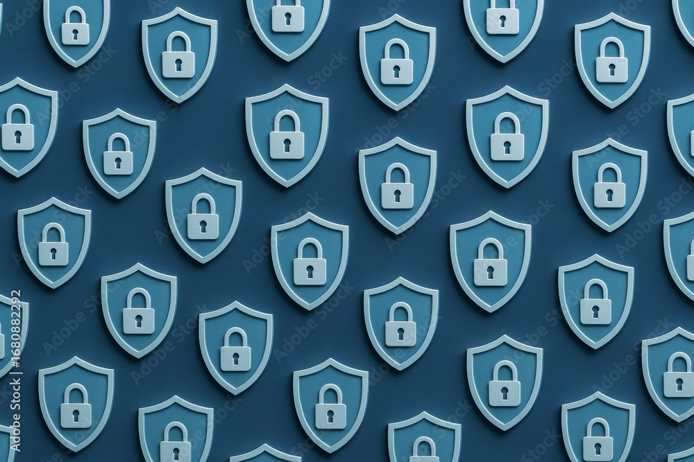 Poster multiple blue shield icons with padlocks forming a seamless security pattern on a dark background, s