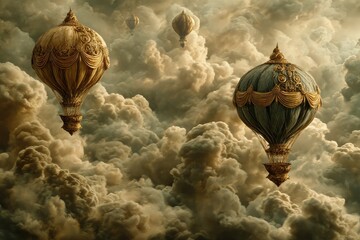 Ornate hot air balloons adrift in a cloudy sky