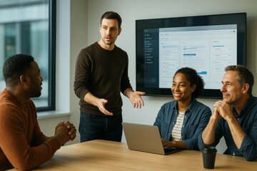 Team discussing data during a business meeting with screen presentation in modern office with natural light and professional background. Ai generative