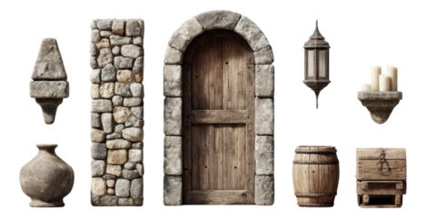 Vintage Wooden Door and Rustic Objects on Transparent Background