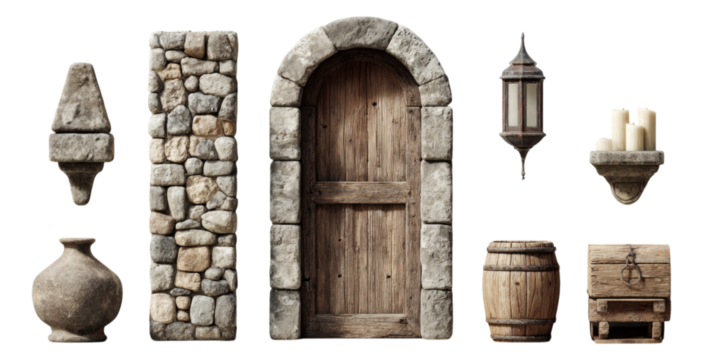 Vintage Wooden Door and Rustic Objects on Transparent Background