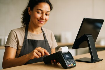 Smiling female cashier using payment terminal at modern point of sale system in cafe with soft light and blurred background concept setting. Ai generative