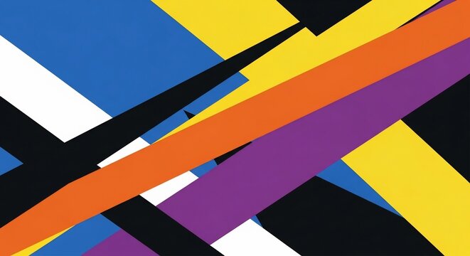 Colorful abstract geometric pattern with overlapping diagonal stripes in yellow blue orange and purple.