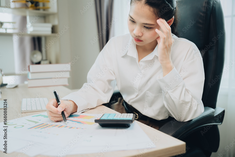 Poster concentrated businesswoman analyzing charts and graphs while calculating data in a modern office env