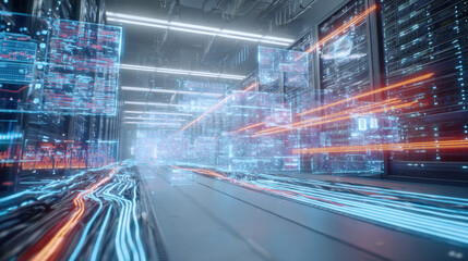 Next-gen high-tech data center with glowing cables and dynamic holographic interfaces, visualizing real-time analytics and the movement of big data streams.