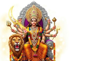 "Majestic Goddess Durga Seated on Throne with Lion - Divine 3D Spiritual Artwork"