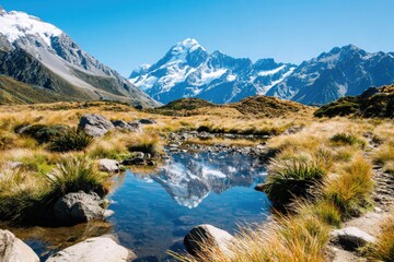 Fototapeta premium Alpine vista, reflection of a snow-capped peak