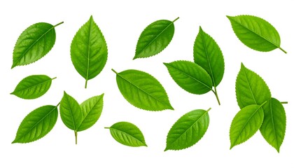 Fototapeta premium Fresh green tea leaves arranged in a flat lay design. Top view of various tea leaves