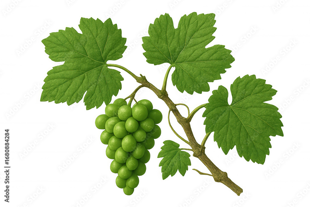 Poster green grape cluster hanging from vine branch, detailed realistic rendering with verdant leaves, tran