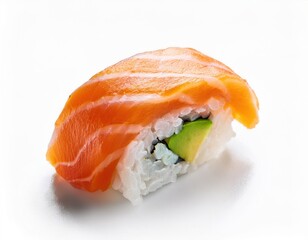 Close-up of a delicious salmon avocado sushi roll with rice and cream cheese, isolated on white background