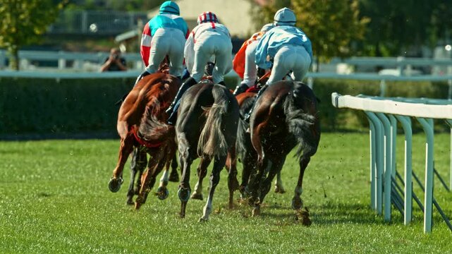 Super Slow Motion of Running Horses on Derby in Detail of Horses Legs. Filmed on High Speed Cinema Camera, 1000 fps. Outdoor Race, Rear View.