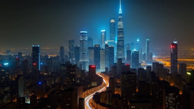 Time lapse of modern futuristic cityscape skyline view