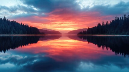 Breathtaking colorful sunset sky with vibrant warm tones reflecting perfectly on the still tranquil waters of a scenic mountain lake surrounded by a silhouetted forest landscape in the background
