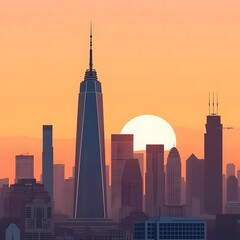 Iconic skyscraper silhouette against a vibrant orange sunset sky with a large sun disk