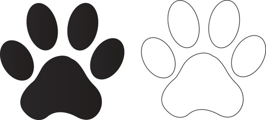 Paw Print Icon,A simple yet iconic black paw print silhouette, featuring four distinct toe pads and a larger metacarpal pad, isolated on a clean white background. footprints Pet paw © Akhtar