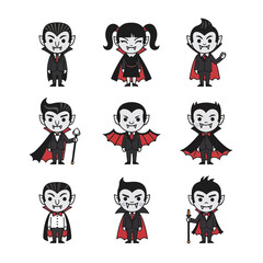 Collection of cute cartoon vampire characters in various poses for halloween